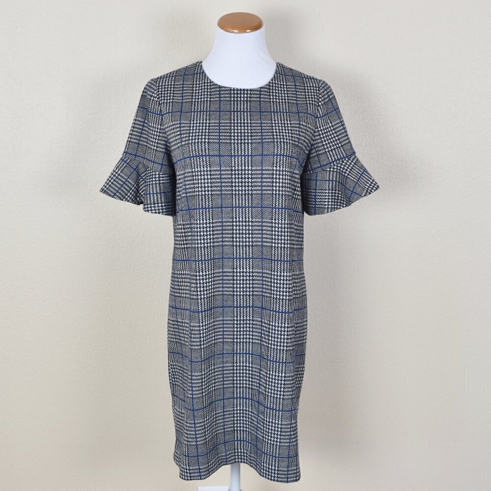 Calvin Klein Houndstooth Plaid Ruffle Sleeve Shift Dress - 8
